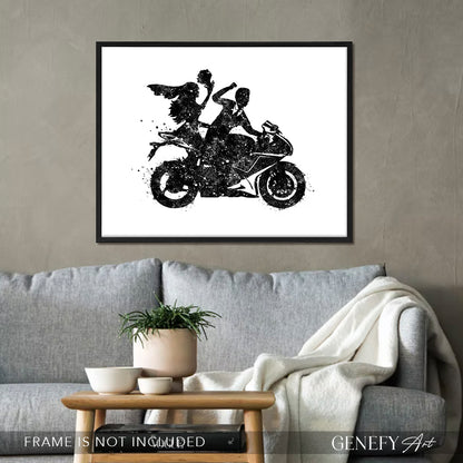 Bride and Groom on Motorbike Black and White Watercolour Print