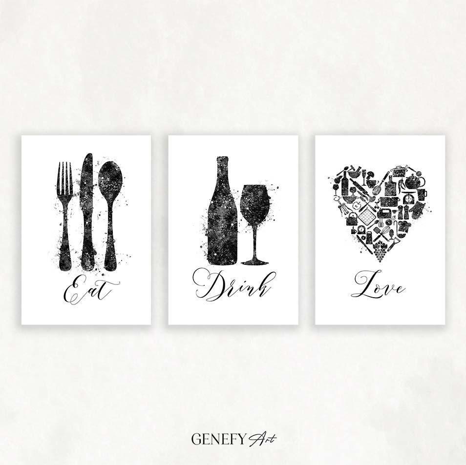 Black and White Kitchen Art -Set of 3 - Genefy Art