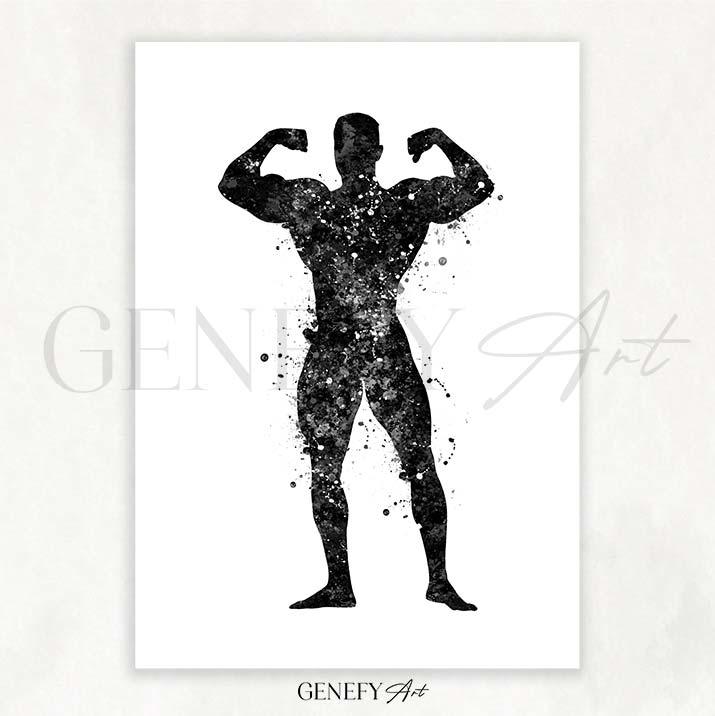 Bodybuilder Black and White Watercolour Print - Genefy Art