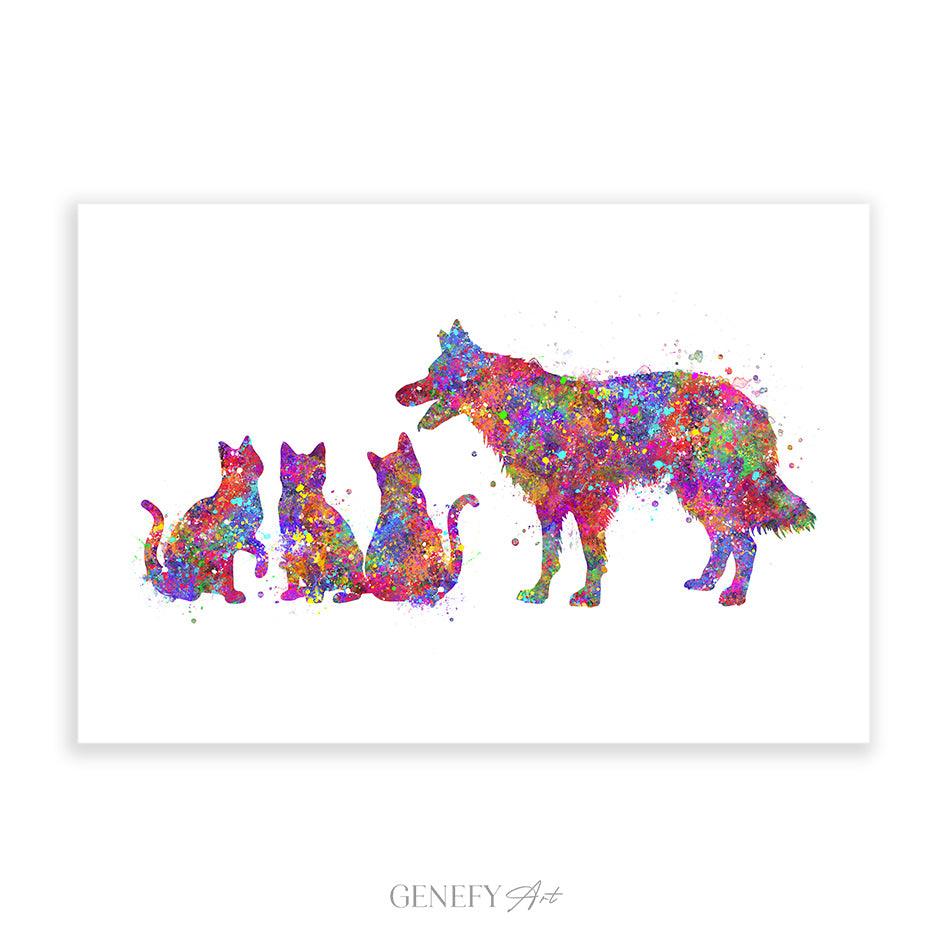 Border Collie and Cat Watercolour Art Print - Genefy Art