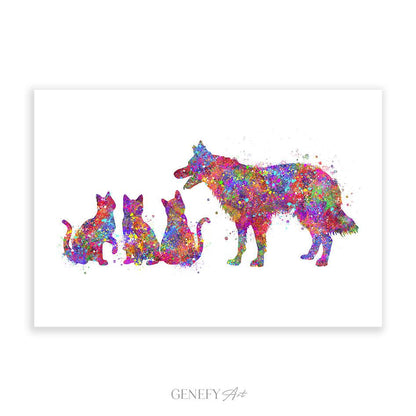 Border Collie and Cat Watercolour Art Print - Genefy Art