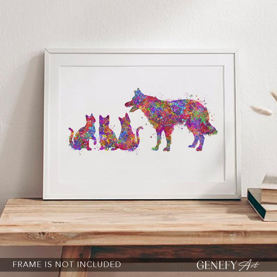 Border Collie and Cat Watercolour Art Print - Genefy Art