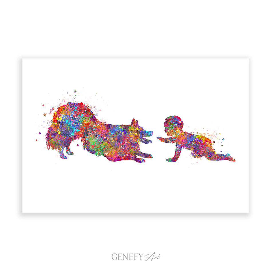 Border Collie and Baby Watercolour Print