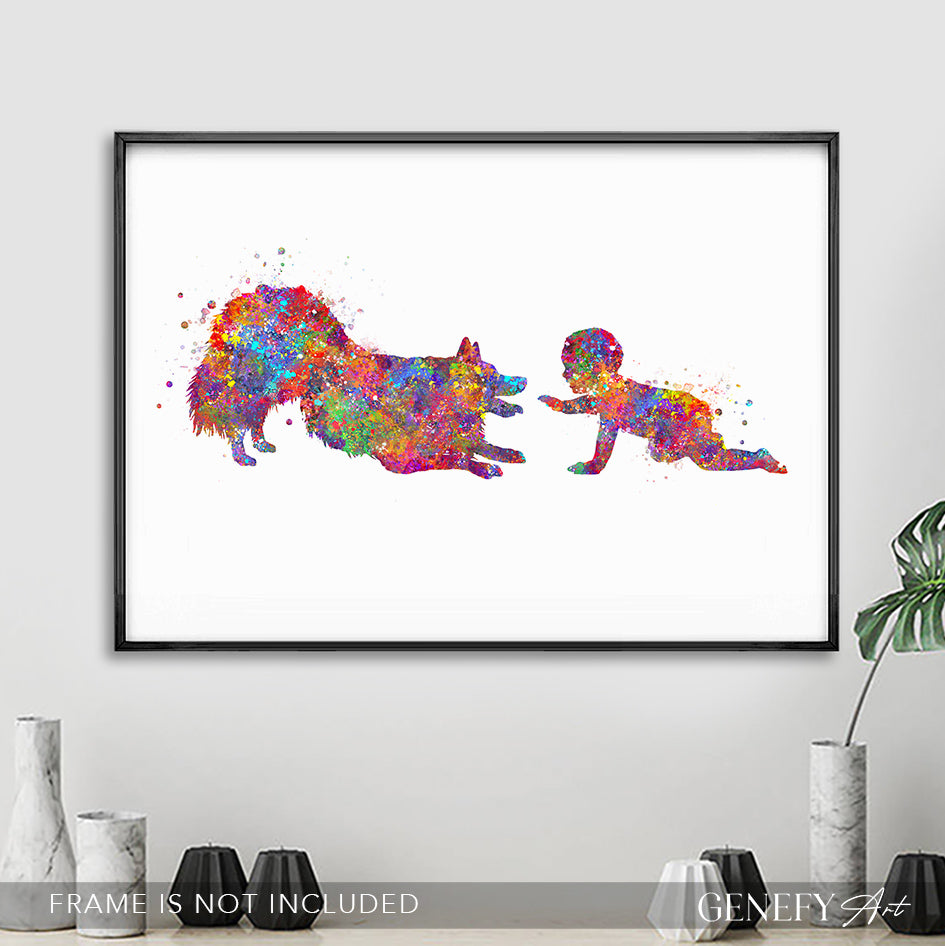 Border Collie and Baby Watercolour Print