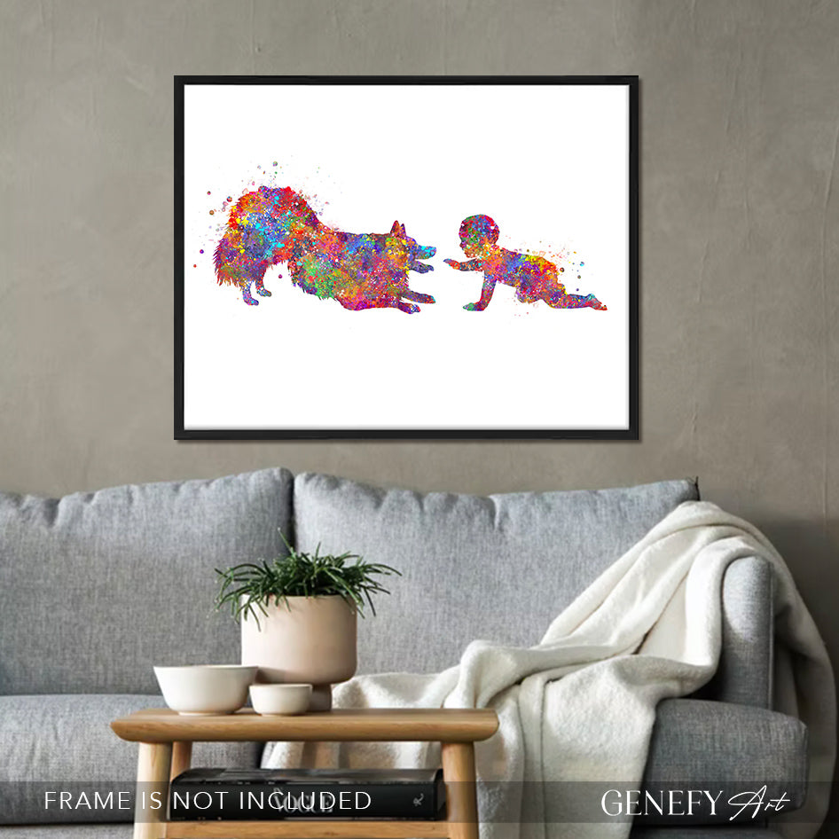 Border Collie and Baby Watercolour Print