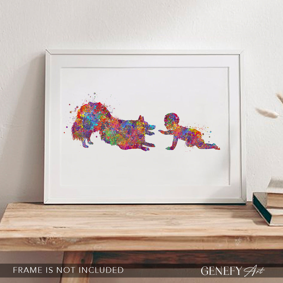 Border Collie and Baby Watercolour Print