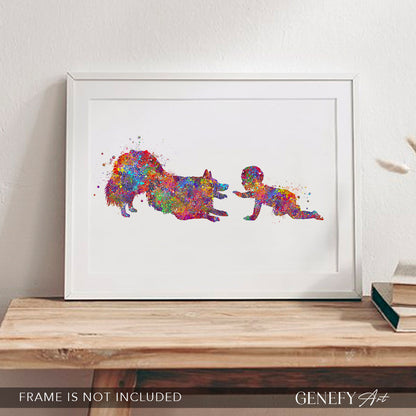 Border Collie and Baby Watercolour Print
