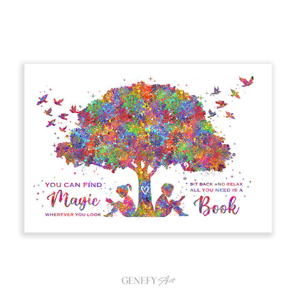 Boy and Girl Reading Book Watercolour Print