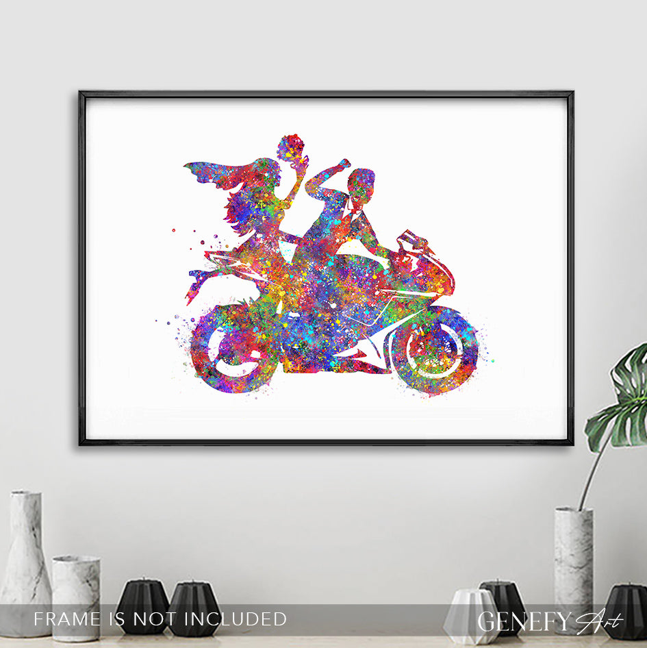 Bride and Groom on Motorbike Watercolour Print