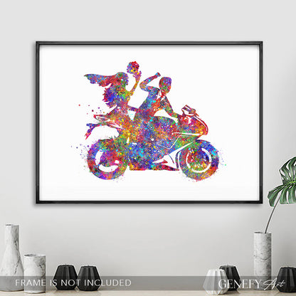 Bride and Groom on Motorbike Watercolour Print