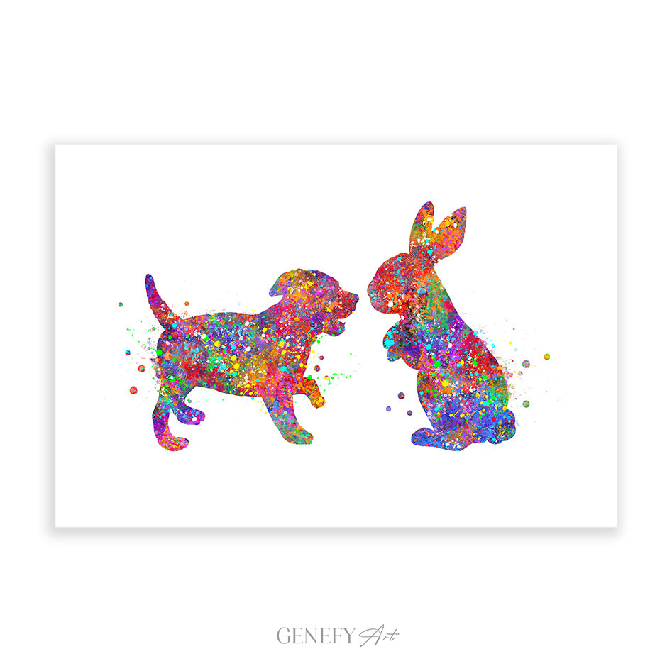 Puppy and Bunny Watercolour Art Print - Genefy Art
