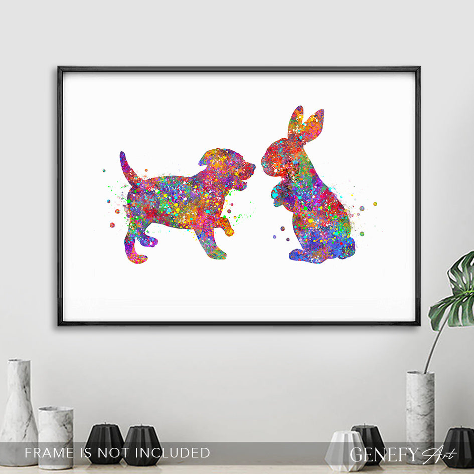 Puppy and Bunny Watercolour Art Print - Genefy Art