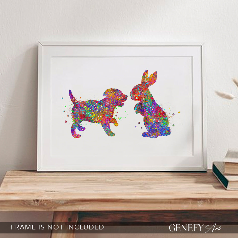 Puppy and Bunny Watercolour Art Print - Genefy Art