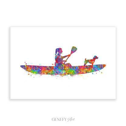 Female Kayaking with Pet Dog Art Print