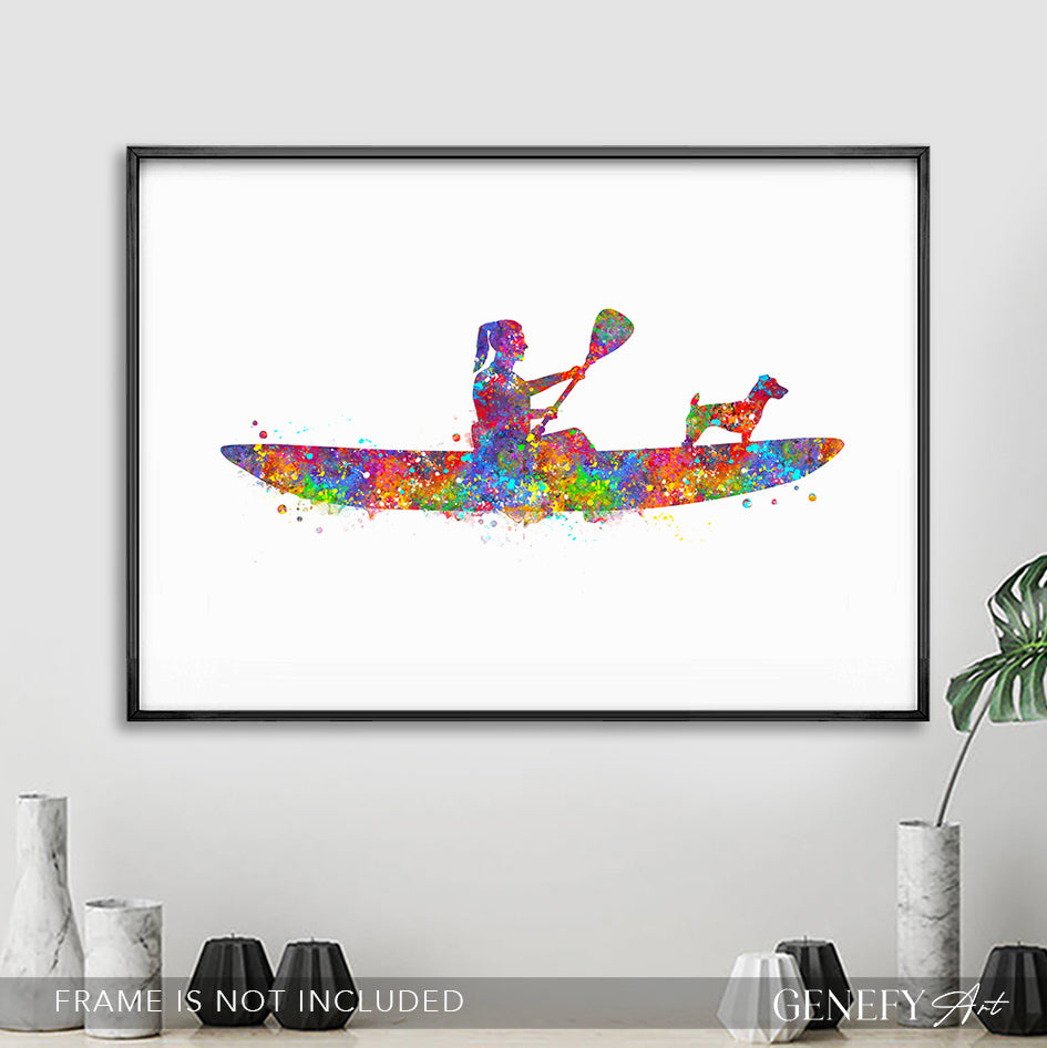 Female Kayaking with Pet Dog Art Print