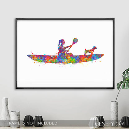Female Kayaking with Pet Dog Art Print