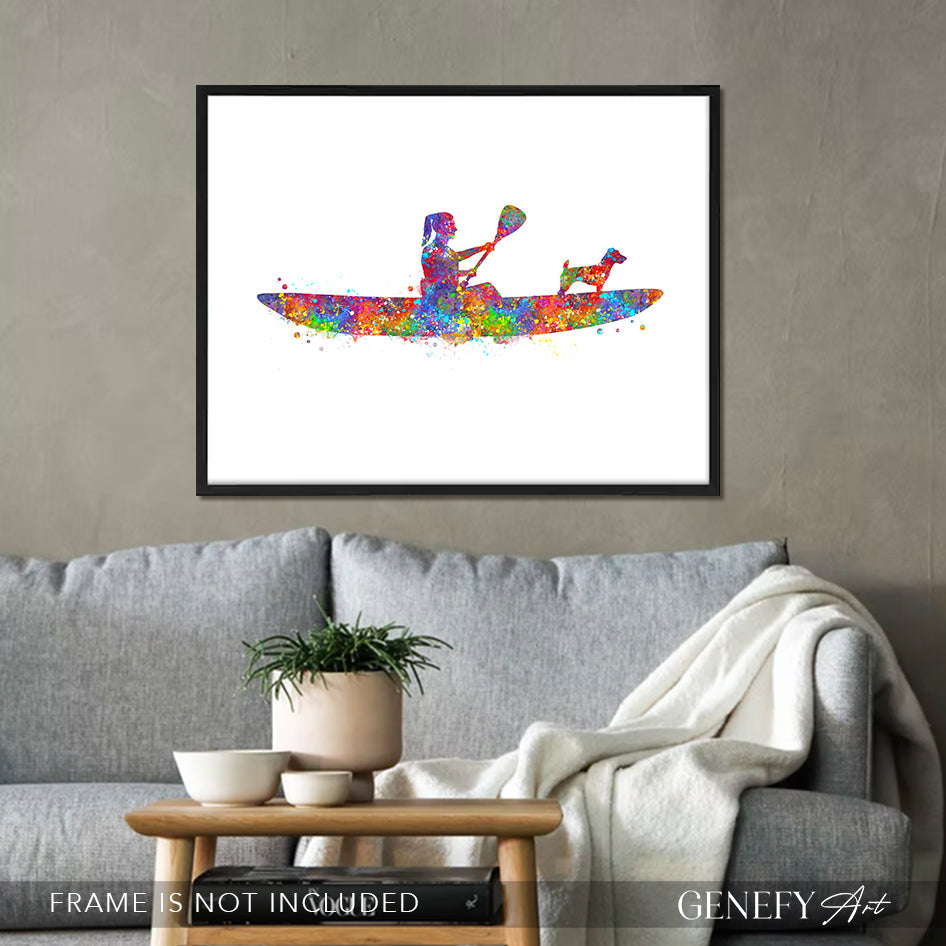 Female Kayaking with Pet Dog Art Print