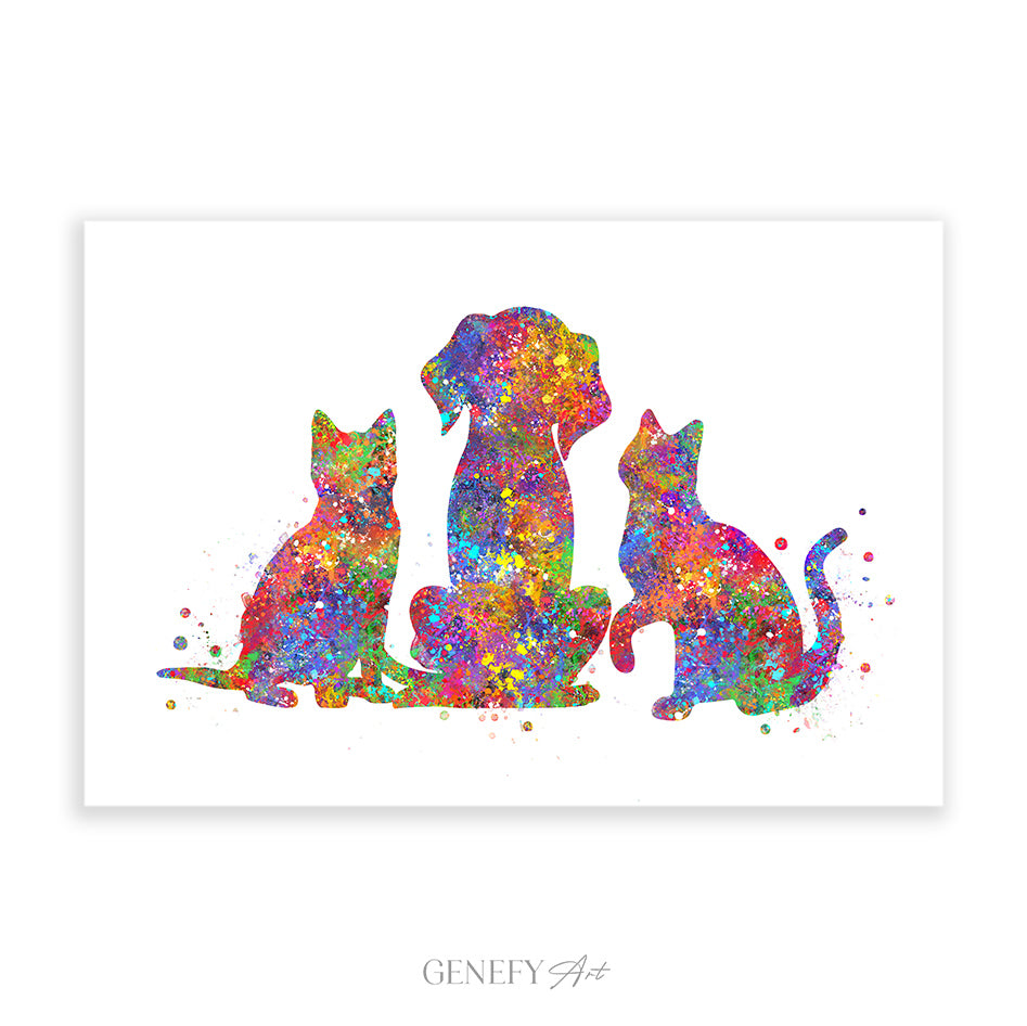 Dog and Cat Best Friends Watercolour Art Print