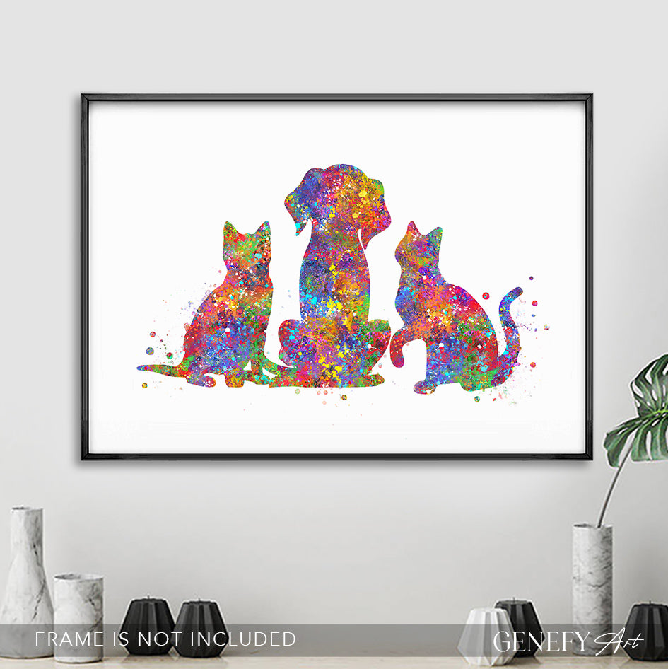 Dog and Cat Best Friends Watercolour Art Print