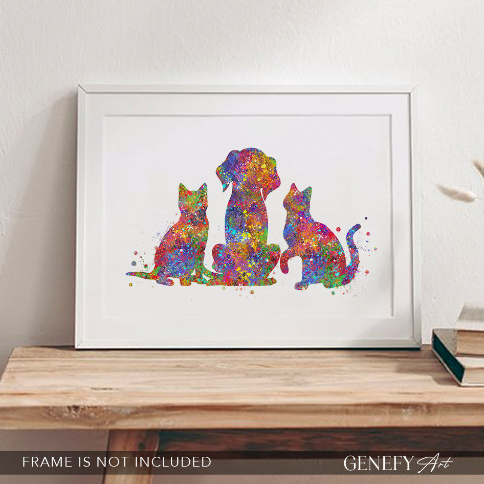 Dog and Cat Best Friends Watercolour Art Print