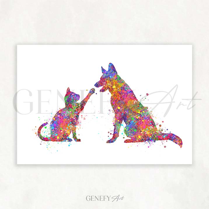 Cat and German Shepherd Watercolour Print