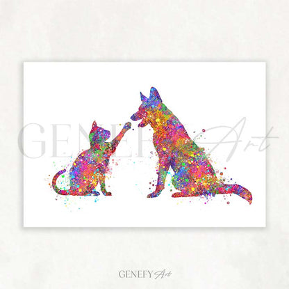 Cat and German Shepherd Watercolour Print