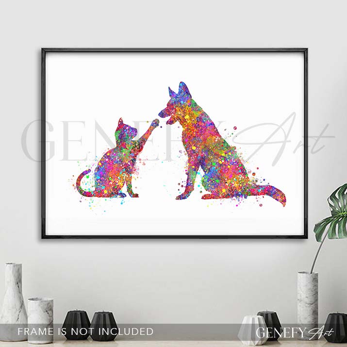 Cat and German Shepherd Watercolour Print