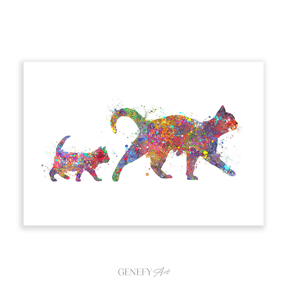 Mother Cat and Kitten Watercolour Print - Genefy Art
