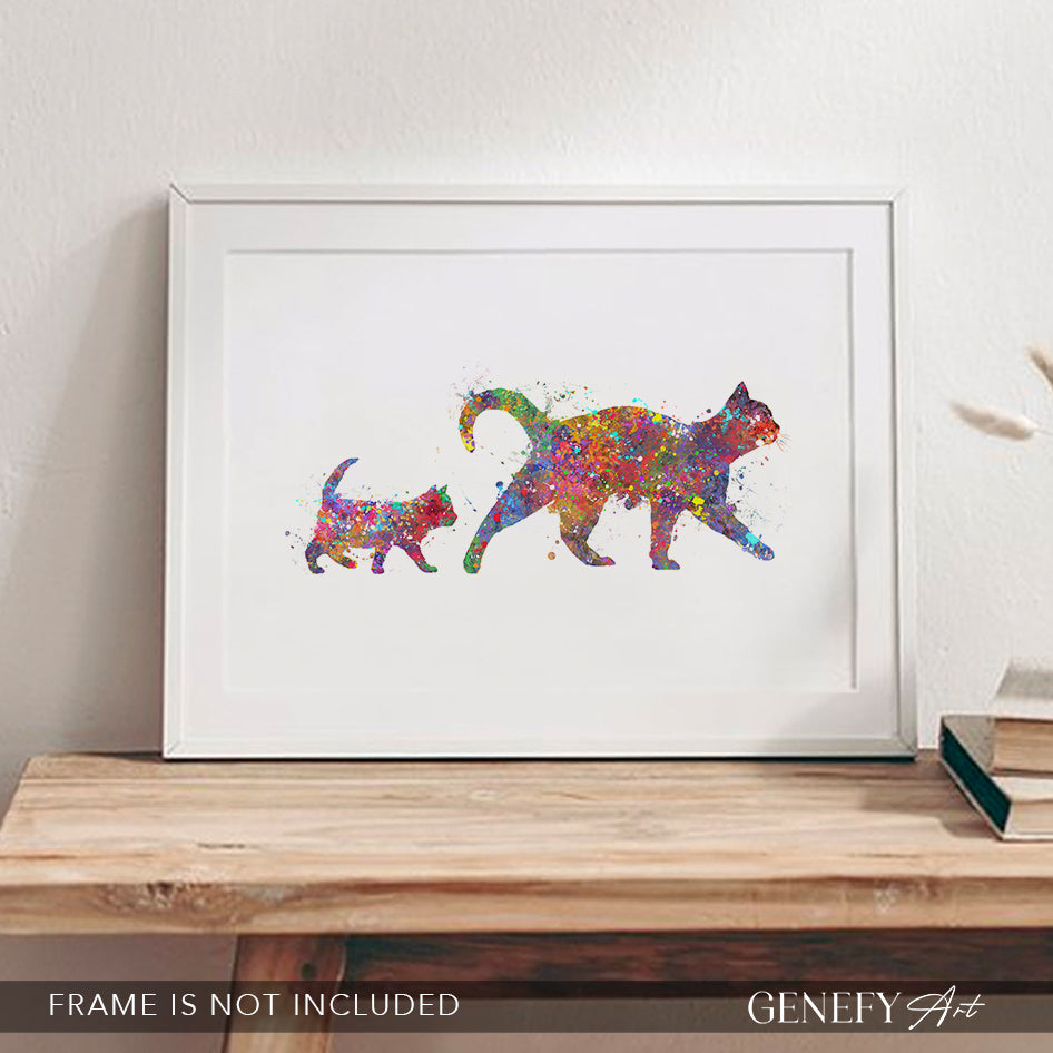 Mother Cat and Kitten Watercolour Print - Genefy Art