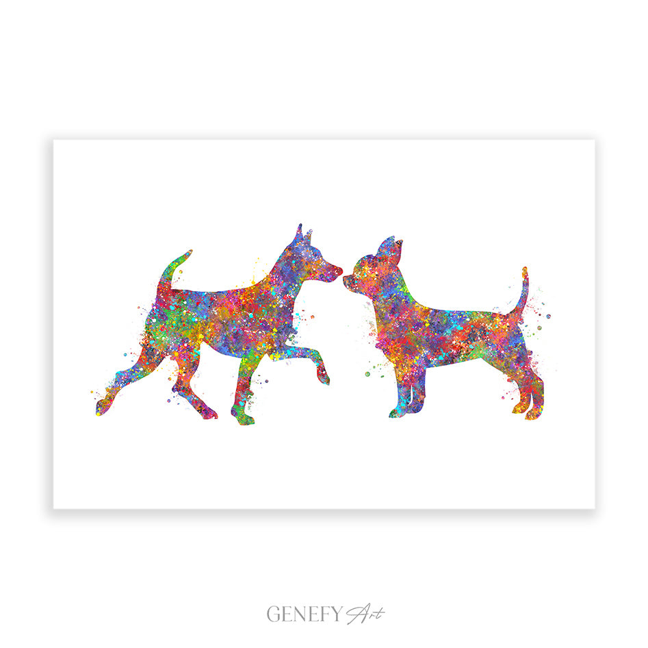 Miniature Pinscher and Chihuahua Couple Watercolour Print