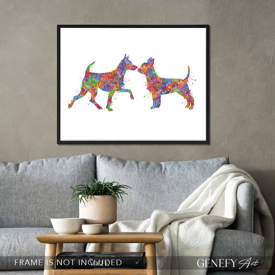 Miniature Pinscher and Chihuahua Couple Watercolour Print
