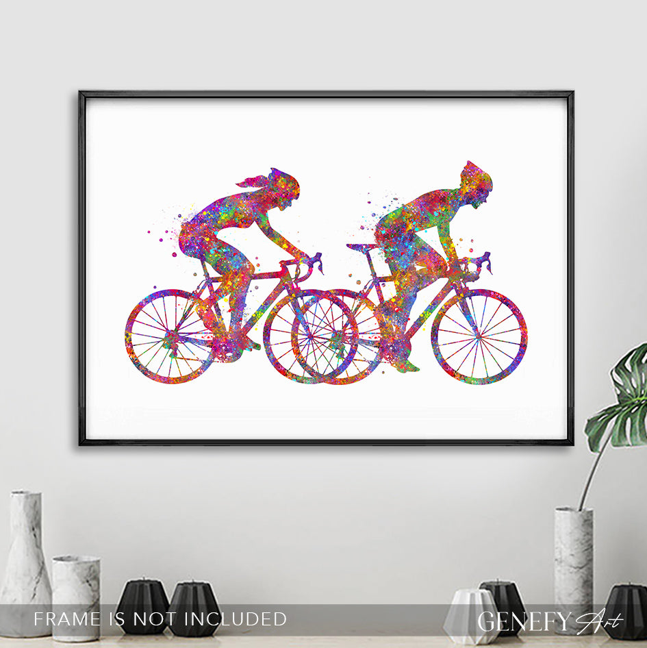 Couple Road Cyclist Watercolour Art Print