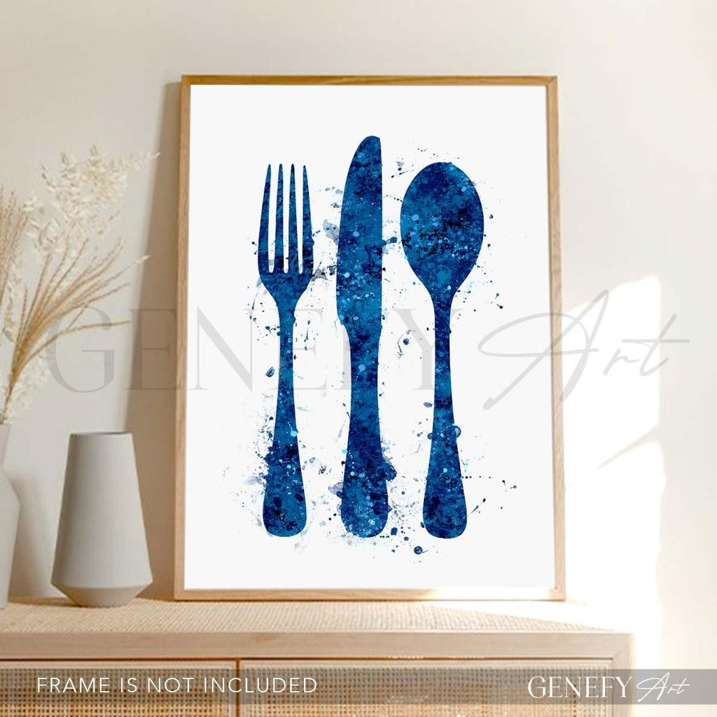 Blue Cutlery Watercolour Kitchen Print - Genefy Art
