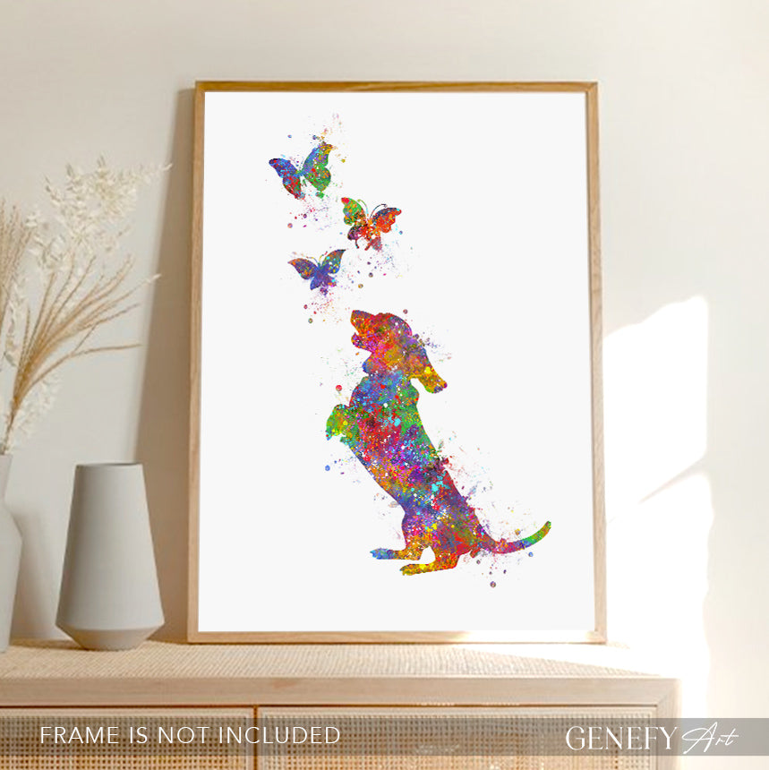 Dachshund and Butterflies Watercolour Print - Genefy Art