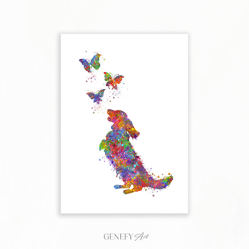 Longhaired Dachshund and Butterflies Watercolour Print