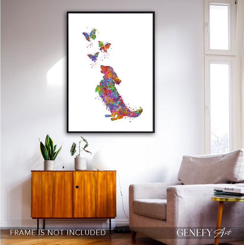 Longhaired Dachshund and Butterflies Watercolour Print