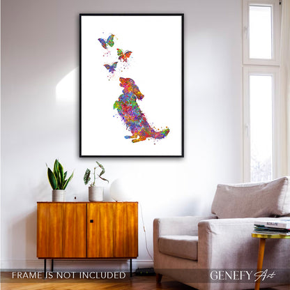 Longhaired Dachshund and Butterflies Watercolour Print