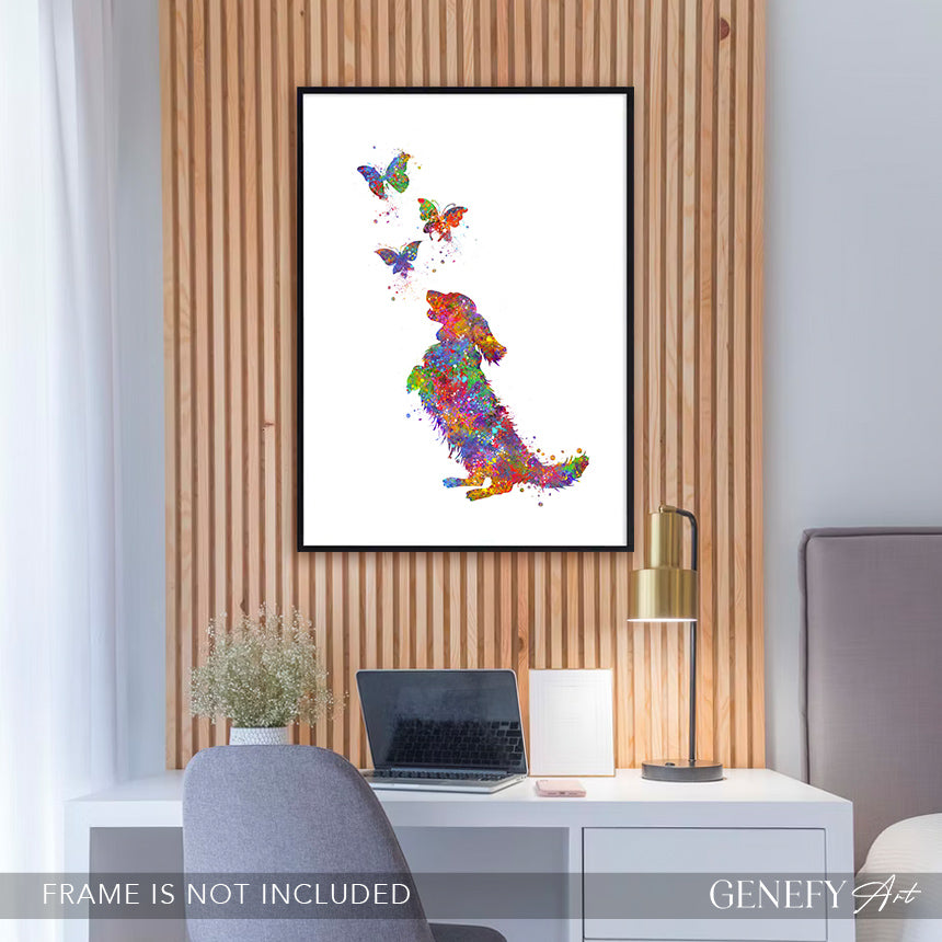 Longhaired Dachshund and Butterflies Watercolour Print