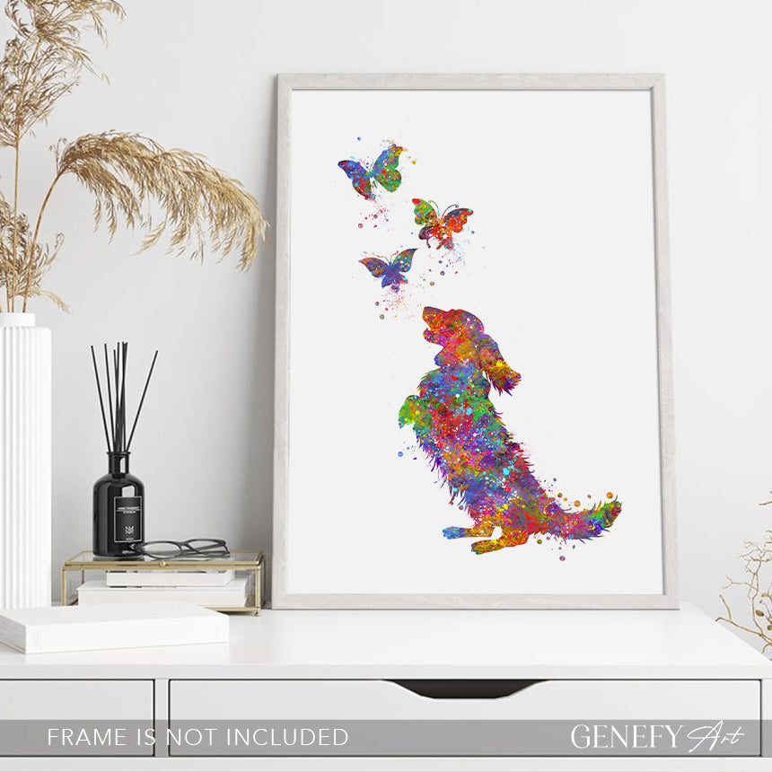 Longhaired Dachshund and Butterflies Watercolour Print