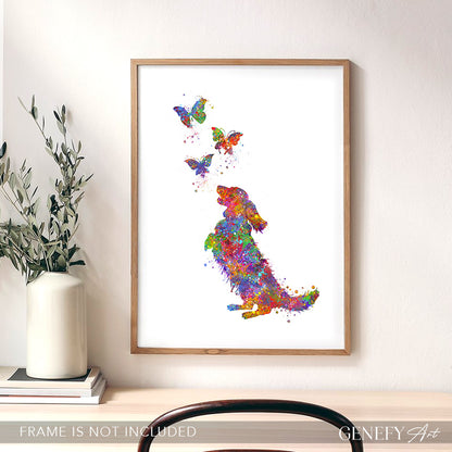 Longhaired Dachshund and Butterflies Watercolour Print