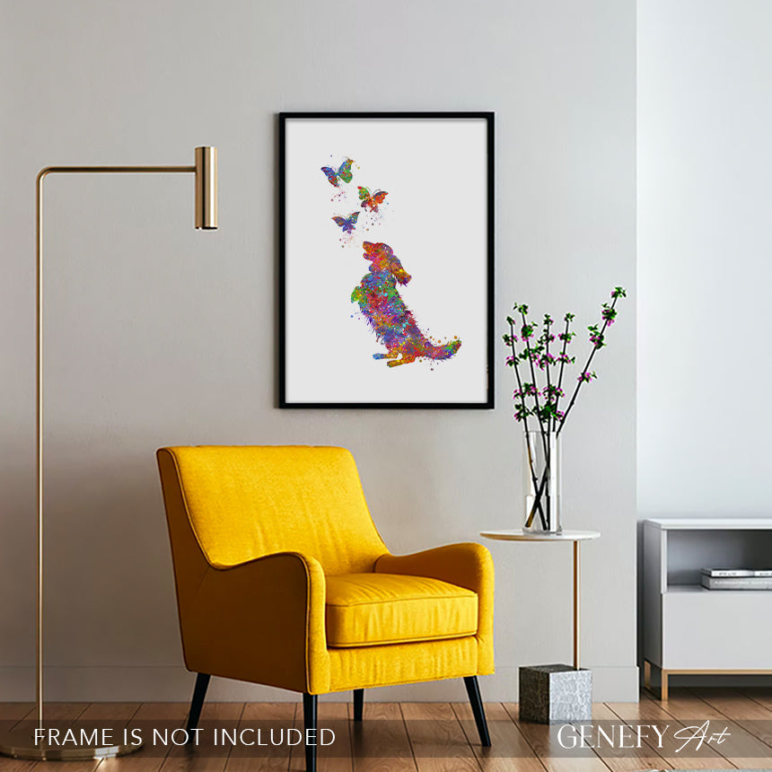 Longhaired Dachshund and Butterflies Watercolour Print