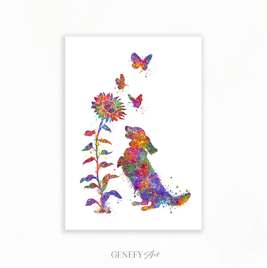 Longhaired Dachshund and Sunflower Watercolour Art Print