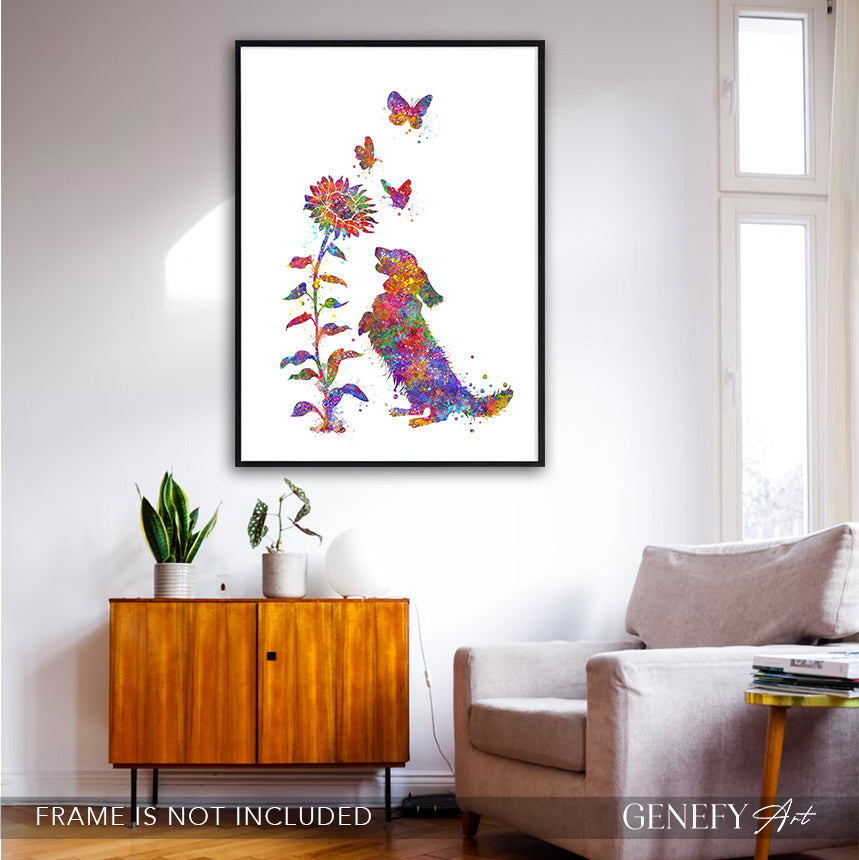 Longhaired Dachshund and Sunflower Watercolour Art Print