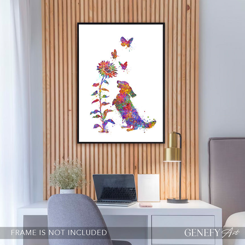 Longhaired Dachshund and Sunflower Watercolour Art Print