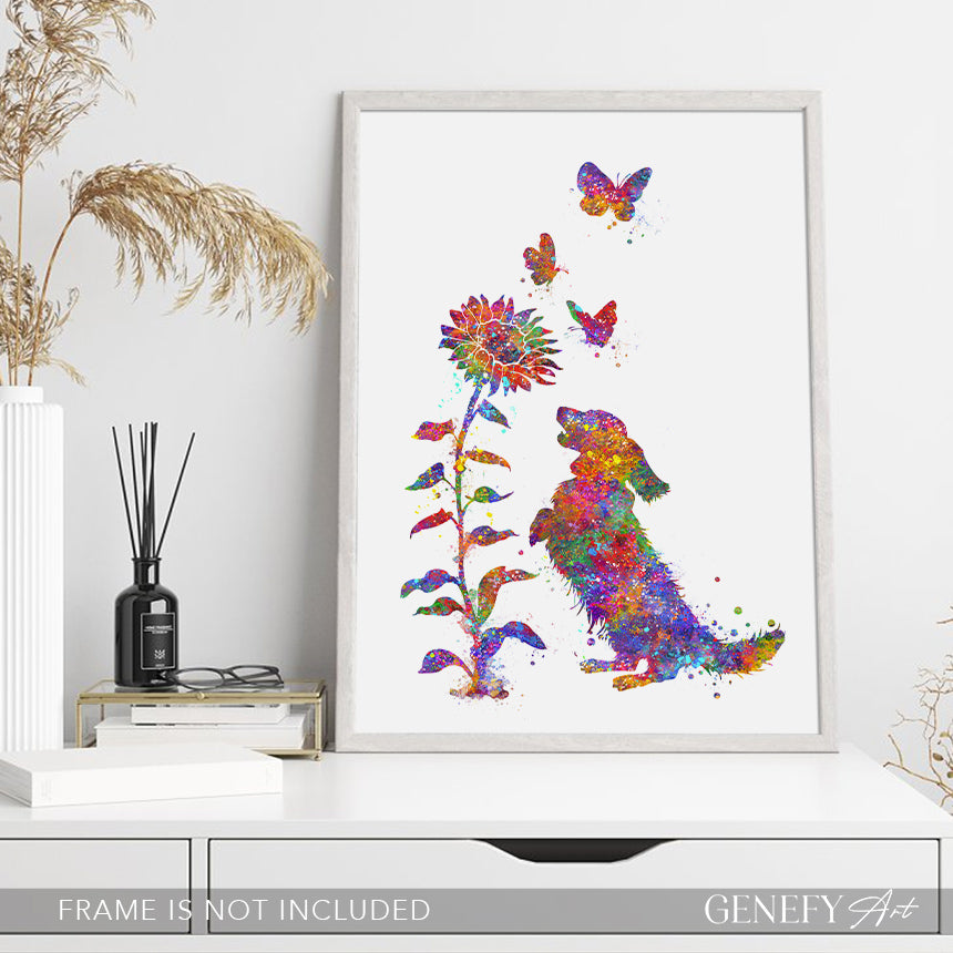 Longhaired Dachshund and Sunflower Watercolour Art Print