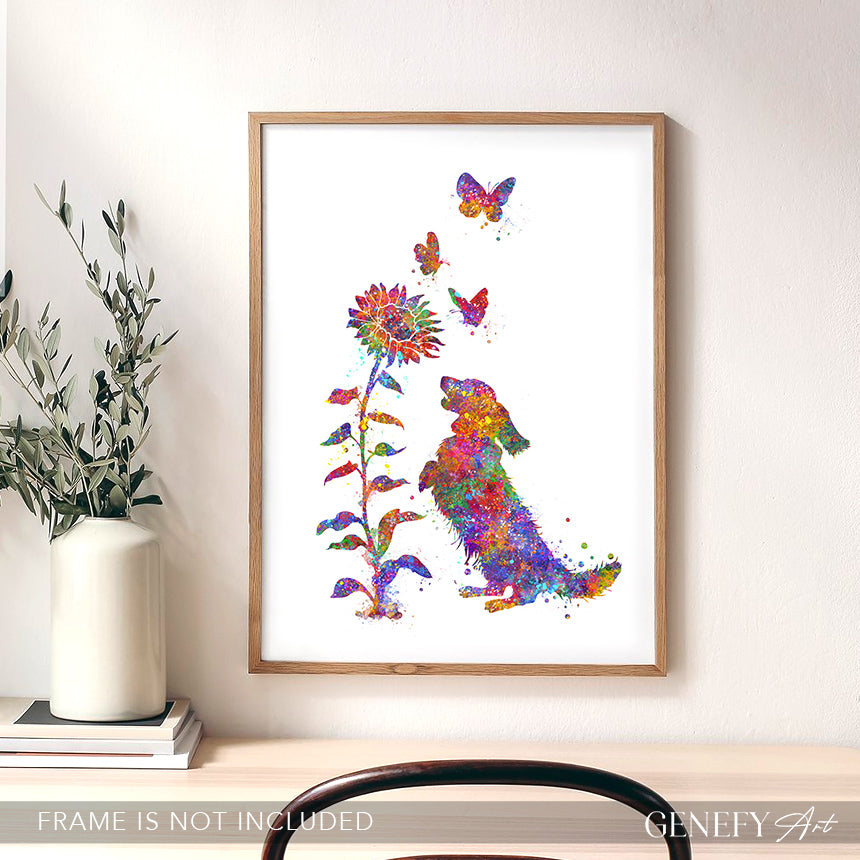Longhaired Dachshund and Sunflower Watercolour Art Print
