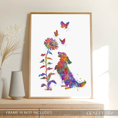 Longhaired Dachshund and Sunflower Watercolour Art Print