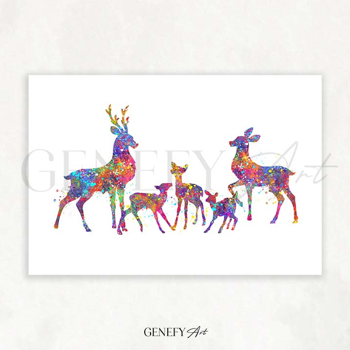 Deer Family of 5 Watercolour Art Print