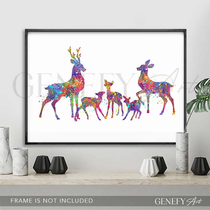 Deer Family of 5 Watercolour Art Print