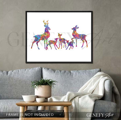 Deer Family of 5 Watercolour Art Print